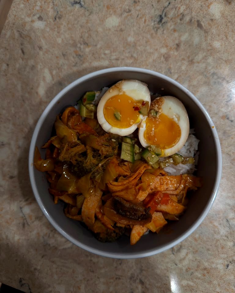 Pastrami Veggie Rice Bowls with Jammy Marinated Eggs